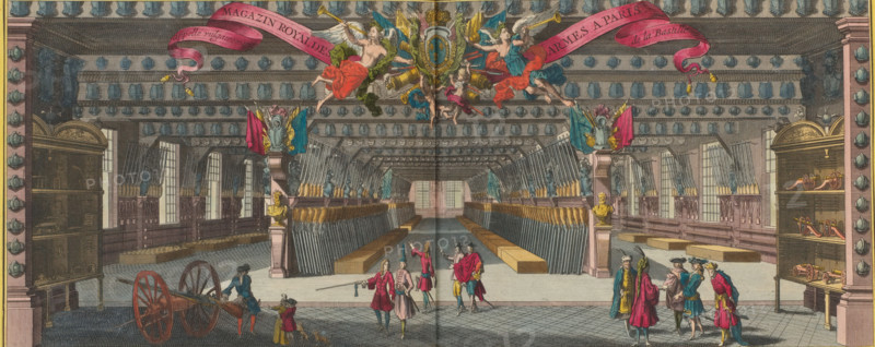 Arms store in the Bastille in Paris, Magazin Royal des armes a Paris, colloquially called the Bastille, print, album page, View of the arms store in the Bastille in Paris. Print is part of an album., France, Northern Netherlands, colorer (graphic design artist): Anna Beeck, The Hague, 1700 - 1705, colorer (graphic design artist), paper, etching, hand coloring, etching hand-colored in pink, green, blue, and yellow, pasted onto album page, surrounded by a yellow frame with a red border, height 190 mm x width 465 mm, height 536 mm x width 620 mm, ammunition store, arsenal, Paris, Bastille, A wide interior view of a large hall with high ceilings, rows of tall windows along the side walls, and long racks holding many long, thin objects standing upright along the length of the room; ornate columns and pedestals with decorative busts and sculptures flank the central aisle, and a decorated entablature runs along the top with sculpted bosses. At the far end a recessed doorway or opening is visi...