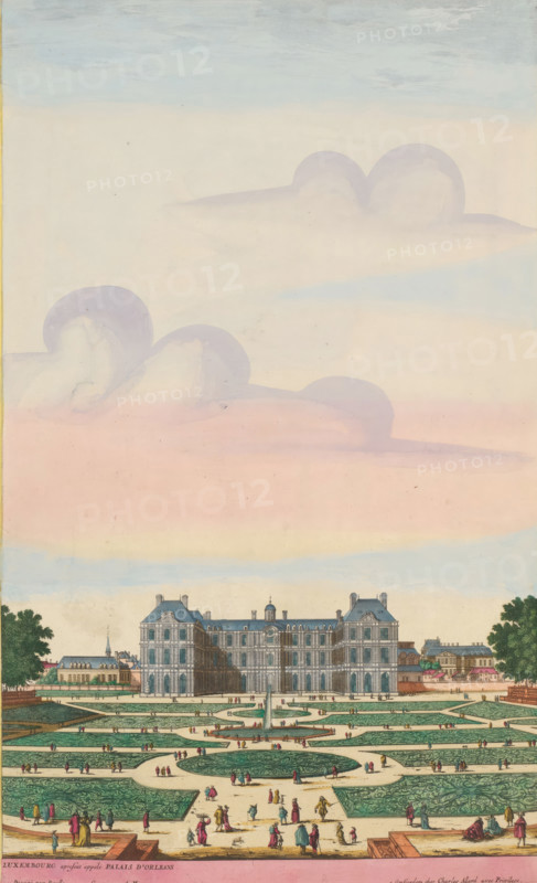 View of the Palais du Luxembourg from the gardens, Luxembourg apresent appelé Palais d'Orleans, print, album page, View of the Palais du Luxembourg from the gardens. Print is part of an album., printmaker: Aldert Meyer, Northern Netherlands, after print by Nicolas Perelle, Paris, publisher: Carel Allard, Amsterdam, grantor of privilege: States of Holland and West Friesland, colorer (graphic design artist): Anna Beeck, The Hague, 1685 - 1695, Aldert Meyer, Nicolas Perelle, Carel Allard, States of Holland and West Friesland, Anna Beeck, printmaker, after print by, publisher, grantor of privilege, colorer (graphic design artist), paper, etching, hand coloring, tearing, torn etching hand-colored in pink, green, blue, and yellow, pasted onto album page, a yellow frame with a red border around the image, height 440 mm x width 268 mm, height 535 mm x width 319 mm, The print is torn along the top edge of the image. The top part has been pasted higher, so that the sky has become higher and the ...