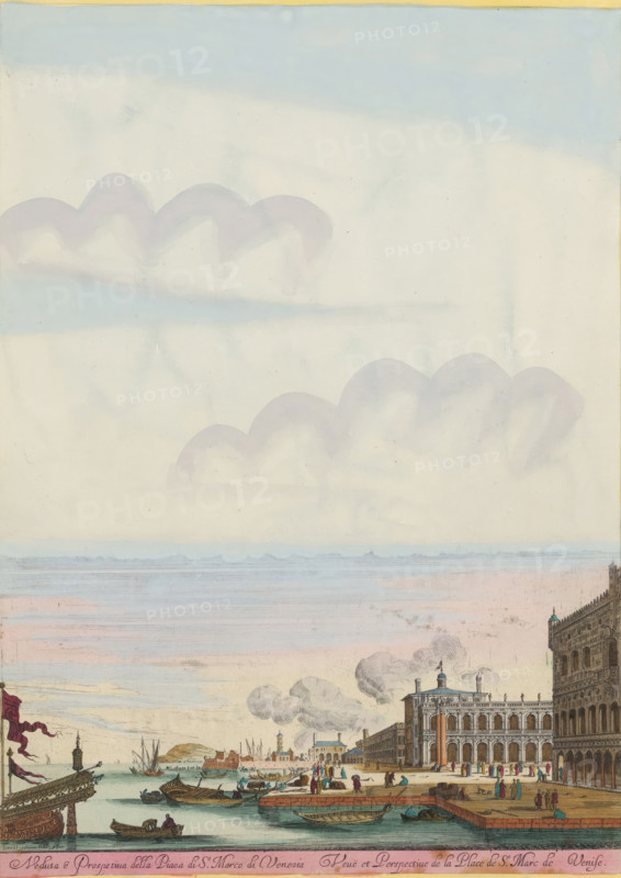 Veduta a Prospetiva della Piaza di St Marco di Venezia, Veuë et Perspective de la Place de St Marc de Venise, St. Mark's Square, Doge's Palace and the Biblioteca Marciana in Venice, Views of Rome, print, album page, View of St. Mark's Square, Doge's Palace and the Biblioteca Marciana in Venice. Title in Italian and French below the performance. Print is part of an album., printmaker: Israël Silvestre, Paris, colorer (graphic design artist): Anna Beeck, The Hague, 1631 - 1691, 1693 - 1717, colorer (graphic design artist), paper, colour, etching, tearing, etching hand-colored in pink, green, blue, and yellow, pasted onto album page, around the print a yellow frame with a red border, height 343 mm x width 247 mm, Print is part of a series of 12 prints with views of Rome. The print has been torn along the top edge of the image. The image has been supplemented at the top with a painted sky., square, circus, city-view, and landscape with man-made constructions, palace, Venice, Doge's Palace,...