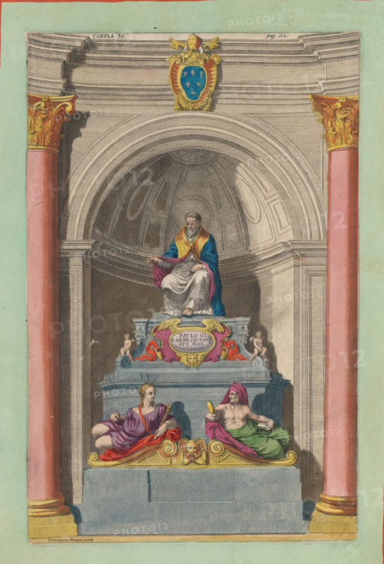 Tomb of Pope Paul III, print, album page, Tomb of Pope Paul III. A tomb monument with sculptures of a female personification with a fasces and a male personification with a mirror. Above it a sculpture of Pope Paul III. The tomb stands in a niche. Above the niche hangs the coat of arms of Pope Paul III. Numbered above: Tabula 35, p. 112. Print is part of an album., printmaker: Jean Charles Allet, Rome, publisher: Felicis Caesaretti, publisher: Paribeni, colorer (graphic design artist): Anna Beeck, The Hague, 1693 - 1717, 1696, colorer (graphic design artist), paper, colour, etching, etching hand-colored in pink, green, blue, and yellow, around the print a green frame with a red border, height 300 mm x width 193 mm, Print originally produced as a book illustration for: Philippo Bonanni. Numismata summorum pontificum templi Vaticani fabricam indicatia... Rome: Felicis Caesaretti & Paribeni, 1696. This book is illustrated with prints by Filippo Bonanni, Arnold van Westerhout, Alessandro S...
