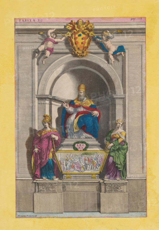 Tomb of Pope Leo XI, Sepulchrum Alexandri VII ab equite Bernino exculptum, print, album page, Tomb of Pope Leo XI. A sarcophagus flanked on either side by a sculpture of a female personification. Above it, a sculpture of Pope Leo XI. The tomb stands in a niche. Above the niche hangs the coat of arms of Pope Leo XI and two floating putti. Numbered above: Tabula 39, page. 115. Print is part of an album., printmaker: Giovanni Girolamo Frezza, Rome, publisher: Felicis Caesaretti, publisher: Paribeni, colorer (graphic design artist): Anna Beeck, The Hague, 1693 - 1717, 1696, colorer (graphic design artist), paper, colour, etching, etching colored by hand in pink, green, blue and yellow, pasted on album page, around the print a yellow frame with red border, height 305 mm x width 200 mm, height 530 mm x width 309 mm, Print originally produced as a book illustration for: Philippo Bonanni. Numismata summorum pontificum templi Vaticani fabricam indicatia... Rome: Felicis Caesaretti & Paribeni, 1...
