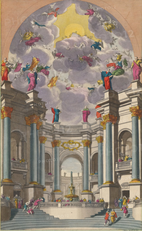 Sitietes venite ad aquas, Thirsty people come to the water, print, album page, View of a fantasy architecture with a fountain. People gather around the fountain. Above, angels float in the air. Print is part of an album., printmaker: Theodor Verkruys, Italy, colorer (graphic design artist): Anna Beeck, The Hague, 1656 - 1739, 1693 - 1717, colorer (graphic design artist), paper, colour, etching, etching hand-colored in pink, green, blue and yellow, pasted onto album page, around the print a yellow frame with red border, height 358 mm x width 217 mm, height 531 mm x width 320 mm, angels, ornamental fountain, fantastic architecture, unrealistic architectural fantasies, A large classical interior with tall fluted columns topped by ornate capitals, broad steps leading up to a balustraded platform, and an elevated central fountain; many figures in colorful robes stand, sit, and climb the stairs and balconies, some in small groups conversing and others moving about; above the architecture a v...
