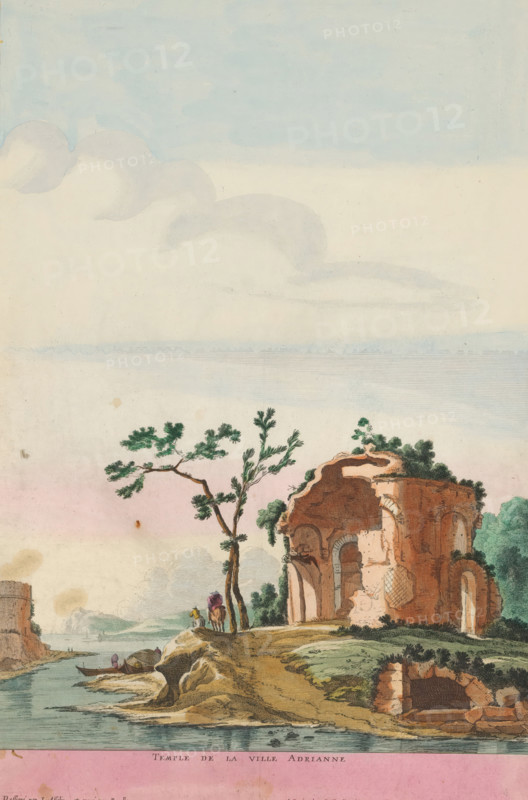 Ruins of the temple of the Villa Adriana in Tivoli, Temple de la ville Adrianne, Landscapes with ruins in Italy, print, album page, Series number, 1, Landscape with the remains of the temple of the Villa Adriana in Tivoli. Title in bottom margin. Print is part of an album., printmaker: Gabriel Perelle, France, after drawing by Jan Asselijn, publisher: Pierre Ferdinand, Paris, colorer (graphic design artist): Anna Beeck, The Hague, grantor of privilege: French crown, 1627 - 1655, 1693 - 1717, colorer (graphic design artist), paper, colour, etching, torn, etching hand-colored in pink, green, blue, and yellow, pasted onto album page, around the print a yellow frame with a red border, height 383 mm x width 251 mm, Print is part of a series of unknown size. The print has been torn along the top edge of the image. The depiction is supplemented at the top with a painted sky., ruin of a building, architecture, landscape with ruins, temple, shrine, Roman religion, Tivoli, Villa Adriana, A coast...