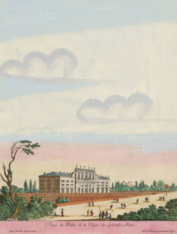 Veuë du Palais de la Vigne de Ludovisio a Rome, Villa Boncompagni Ludovisi in Rome, Views of Italy, print, album page, View of Villa Boncompagni Ludovisi in Rome. Title in French in the bottom margin. Print is part of an album., printmaker: Israël Silvestre, Paris, publisher: Israël Henriet, colorer (graphic design artist): Anna Beeck, The Hague, grantor of privilege: French Crown, France, 1631 - 1691, 1693 - 1717, colorer (graphic design artist), paper, colour, etching, torn, etching hand-colored in pink, green, blue, and yellow, pasted onto album page, around the print a yellow frame with a red border, height 325 mm x width 245 mm, Print is part of a series of 15 prints (title print) with views of Italy. The print has been torn along the top edge of the image. The scene is supplemented at the top with a painted sky., villa, city-view, and landscape with man-made constructions, Rome, Villa Boncompagni Ludovisi, A wide pale sky with soft blue and cream tones fills the upper area, with ...