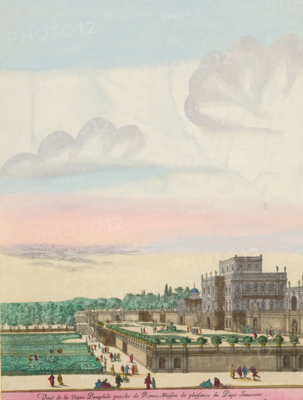 Villa Doria Pamphilj and gardens in Rome, Veuë de la Vigne Pamphile proche de Rome, Maison de plaisance du Pape Innocent, Views of Rome, print, album page, View of Villa Doria Pamphilj and gardens in Rome. Title in French in the bottom margin. Print is part of an album., printmaker: Israël Silvestre, Paris, publisher: Israël Henriet, colorer (graphic design artist): Anna Beeck, The Hague, grantor of privilege: French Crown, France, 1631 - 1691, 1693 - 1717, colorer (graphic design artist), paper, colour, etching, torn, etching hand-colored in pink, green, blue, and yellow, pasted onto album page, around the print a yellow frame with a red border, height 322 mm x width 244 mm, Print is part of a series of 8 prints (title print) with views of Rome. The print has been torn along the top edge of the image. The scene is supplemented at the top with a painted sky., villa, city-view, and landscape with man-made constructions, Rome, Janiculum, Villa Doria Pamphili, A pale sky with soft pastel ...