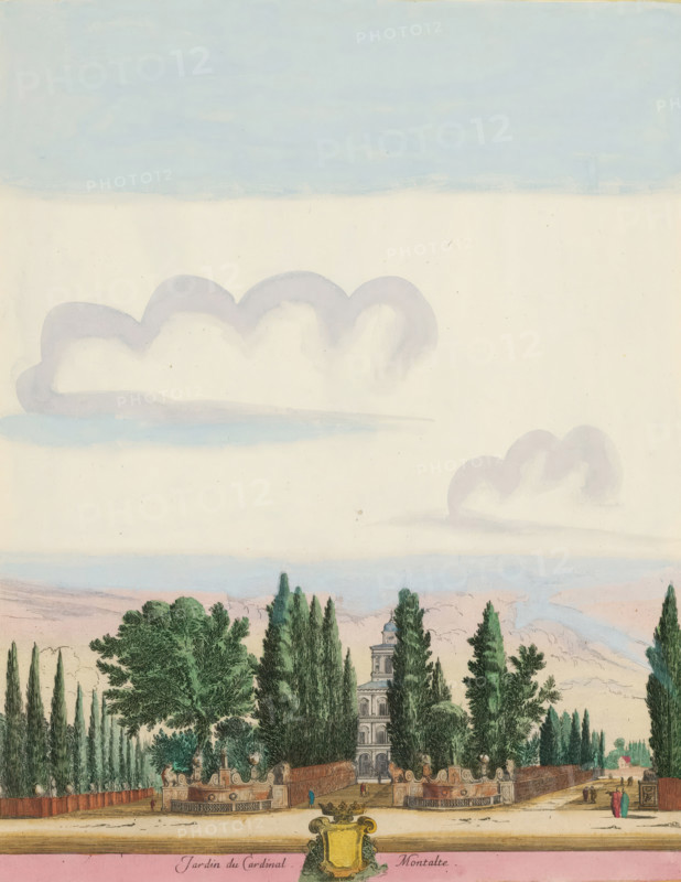 Jardin du cardinal Montalte, Garden at the Villa Montalto in Rome, Views of Rome and the surroundings, print, album page, View of the garden at the Villa Montalto in Rome. Three tree-lined avenues lead towards the villa. Title in French and an empty coat of arms in the lower margin. Print is part of an album., printmaker: Israël Silvestre, Paris, publisher: Israël Henriet, colorer (graphic design artist): Anna Beeck, The Hague, grantor of privilege: French Crown, France, 1631 - 1691, 1693 - 1717, colorer (graphic design artist), paper, colour, etching, torn, etching hand-colored in pink, green, blue, and yellow, pasted onto album page, around the print a yellow frame with a red border, height 315 mm x width 247 mm, Print is part of a series of 9 prints with views of Rome and the surrounding area. The print has been torn along the top edge of the image. The scene is supplemented at the top with a painted sky., garden, villa, city-view, and landscape with man-made constructions, Rome, Vi...