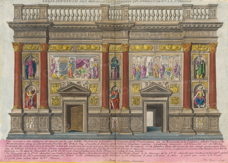North wall of the Santa Casa in Loreto, Septentrion, Representation of the walls and ornaments surrounding the Santa Casa, Holy House of the Virgin Mary in Loreto, print, album page, North wall of the Santa Casa in Loreto. The wall is pierced with six Corinthian pilasters flanked by statues of saints in niches. Between them are two doors with depictions above them of the Nativity of Mary and the marriage of Mary to Joseph. Text in Italian in the lower margin. Print is part of an album., printmaker: Hubert Vincent, Rome, after design by Donato Bramante, Loreto, after sculpture by Andrea Sansovino, colorer (graphic design artist): Anna Beeck, The Hague, grantor of privilege: Papal Court, 1686, 1693 - 1717, Andrea Sansovino, after sculpture by, colorer (graphic design artist), Marche, paper, colour, etching, etching hand-colored in pink, green, blue and yellow, pasted onto album page, around the print a yellow frame with red border, height 234 mm x width 339 mm, This print is part of a se...