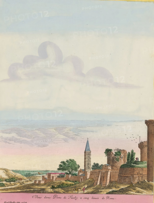 View of a Tivoli Gate five miles from Rome, City Gate near Tivoli, Views of Italy, print, album page, View of a city gate five miles from Tivoli. Title in French in the bottom margin. Print is part of an album., printmaker: Israël Silvestre, Paris, publisher: Israël Henriet, colorer (graphic design artist): Anna Beeck, The Hague, grantor of privilege: French Crown, France, 1631 - 1691, 1693 - 1717, colorer (graphic design artist), paper, colour, etching, torn, etching hand-colored in pink, green, blue, and yellow, pasted onto album page, around the print a yellow frame with a red border, height 325 mm x width 245 mm, Print is part of a series of 15 prints (title print) with views of Italy. The print has been torn along the top edge of the image. The scene is supplemented at the top with a painted sky., city-view, and landscape with man-made constructions, city-gate, Italy, A pale sky with soft, rounded clouds above a distant horizontal line and faint layered cloud bands, below which a ...