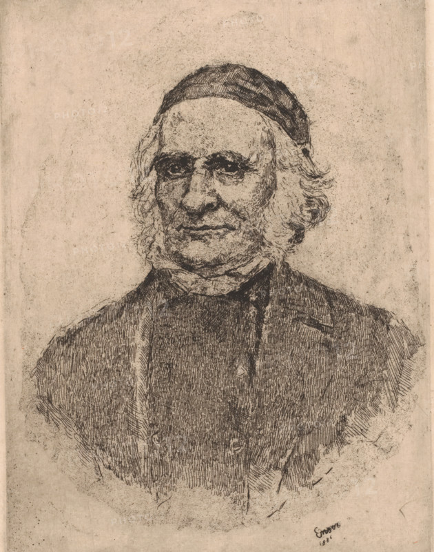 Portrait de Frise, botanist suedois, Portrait of Elias Magnus Fries, print, printmaker: James Ensor, 1886, paper, etching, intaglio printmaking technique, etching with plate tone, height 252 mm x width 190 mm, Person, Elias Magnus Fries, historical persons, adult man, A monochrome etched portrait of an older man shown from the chest up, with a lined face, deep-set eyes, and a slight smile, wearing a dark cap and a high-collared garment; his hair is wavy and frames his face, and fine parallel etching lines form the shading and texture throughout the image on a plain, lightly mottled background.