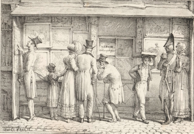 Delpech Print Shop, Receuil de dessins sur pierre, Series of lithographs, print, album page, The name Delpech can be read on the shop's facade and a paper with 'Album lithographique' on the window. Print is part of an album., printmaker: Carle Vernet, publisher: François Séraphin Delpech, 1818 - 1825, Carle Vernet, François Séraphin Delpech, printmaker, publisher, paper, lithography, lithografie, height 301 mm x width 444 mm, eg: engraving, etching, lithograph, shop-window, show-window, A monochrome scene shows a row of people standing in front of a shop window filled with framed images. The figures wear period clothing including long coats, dresses with full skirts and bonnets, top hats, and a bicorne hat worn by a uniformed man with a sword. One man leans forward to peer into the window while holding a cane, a child rests a hand on the window ledge, and another young boy stands with a flat object balanced on his head and a hand on his hip. A couple stands close together facing the di...