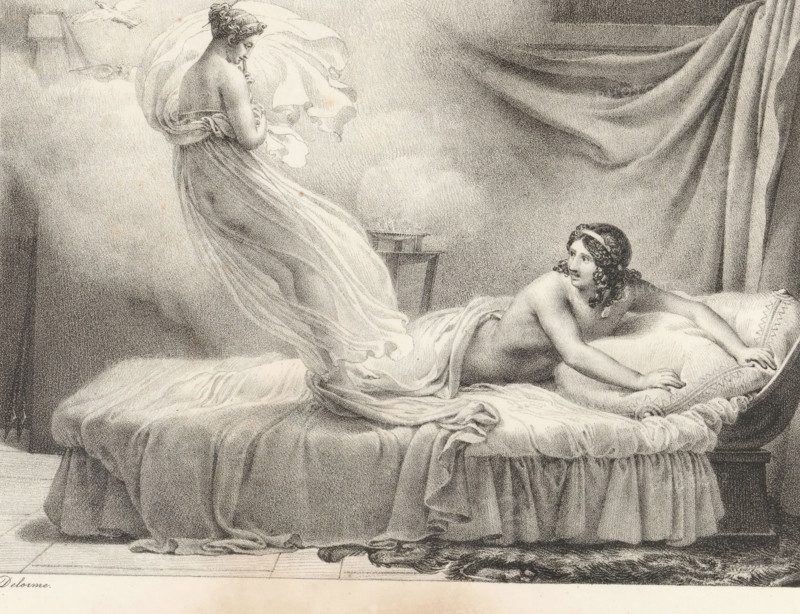 Cephalus and Aurora, Series of lithographs, Receuil de dessins sur pierre, print, album page, Print is part of an album., printmaker: Pierre Claude François Delorme, 1818 - 1819, paper, lithography, height 300 mm x width 442 mm, A monochrome illustration shows a bedroom scene with a large bed draped in soft, flowing fabric and a ruffled bedskirt; a reclining figure with long curly hair and a headband lies on the mattress propped on one elbow, looking toward a standing figure nearby; the standing figure wears a sheer, billowing gown that wraps around the body and trails onto the bed, the fabric appearing light and translucent as it flows upward around the head; behind the bed a heavy curtain hangs with deep folds, and a small table or stand sits between the figures with a low, round object emitting a faint puff of vapor or smoke; the floor beneath the bed shows wooden planks and a dark textured rug at the foot.