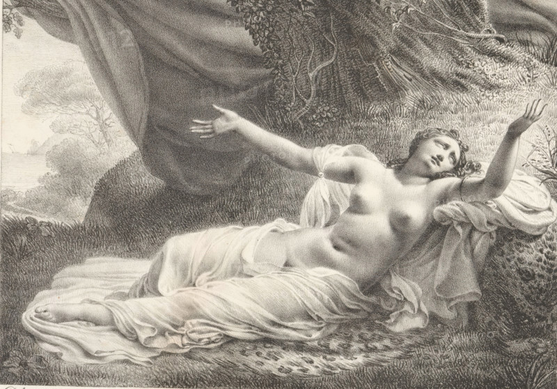 Angelica, Receuil de dessins sur pierre, Series of lithographs, print, album page, Print is part of an album., printmaker: Pierre Claude François Delorme, 1818 - 1819, paper, lithography, height 304 mm x width 443 mm, A reclining nude woman lies on a draped surface beneath a large tree, her torso partially covered by a sheer cloth that wraps around her waist and legs. Her left arm is extended outward with an open hand while her right arm is raised with the palm facing up, and her head is tilted back with eyes directed upward. Curled hair frames her face and a band encircles her upper arm. The background shows dense foliage, grasses, and textured ground, with tree trunks and hanging vines nearby and a hint of distant trees and water visible through the leaves. The image is rendered in a detailed, stippled monochrome style.