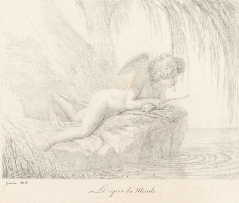 Le repos du Monde, Resting Amor, Series of lithographs, Receuil de dessins sur pierre, print, album page, Print is part of an album., printmaker: Pierre Narcisse Guérin, 1818, paper, lithography, height 270 mm x width 360 mm, (story of) Cupid, Amor (Eros), resting - BB - out of doors, A softly shaded pencil drawing shows a reclining childlike figure with curly hair and small wings leaning over a ledge toward water, holding a thin stick while a drop falls from the figure’s mouth and ripples appear in the water below, the figure rests on textured cloth and fur with legs extended and one arm supporting the body, nearby tall grasses rise from the lower edge and a large tree trunk with hanging slender branches fills the background, subtle shading suggests distant foliage and a calm surface of water.