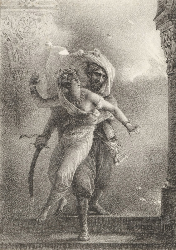 Conrad saves Culnare from the fire, Series of lithographs, Receuil de dessins sur pierre, print, album page, Scene from the story 'The Corsair' by Lord Byron from 1814. Print is part of an album., printmaker: Horace Vernet, 1818 - 1819, paper, lithography, height 300 mm x width 444 mm, rescue from fire, burning, A monochrome engraving shows a man carrying a woman as they descend a set of stone steps. The man wears a turban and loose garments and holds the woman around her waist with one arm while a curved sword hangs from his other hand. The woman is draped in flowing, translucent fabric with one shoulder exposed and her hair adorned with small decorations; she reaches outward with one arm and looks back over her shoulder. The scene includes architectural elements such as a carved pillar at the right edge and a decorative relief on the left wall, and there is a play of light and shadow across the figures and the background.