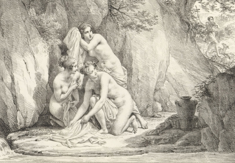Diana and Actaeon, Series of lithographs, Receuil de dessins sur pierre, print, album page, Print is part of an album., 1818 - 1819, printmaker, paper, lithography, height 299 mm x width 437 mm, Diana bathing with her nymphs, Actaeon changed into a stag: as punishment for seeing her bathe, Diana changes Actaeon, the hunter, into a stag (Ovid, Metamorphoses III 193), A detailed pencil drawing shows three partially draped women seated on a rocky ledge inside a cave opening, two of them crouched and one leaning against the rock while holding a cloth to her head; the figures have curled hair and soft shading on their skin and drapery. Rough textured rock walls surround them, with foliage and small branches visible near the top of the opening. A narrow passage at the right leads outward where a standing figure appears on a rocky outcrop beyond the cave rim, and a dog-like animal is near that figure. In the foreground near the cave edge there is a large rounded vessel set on the ground besid...