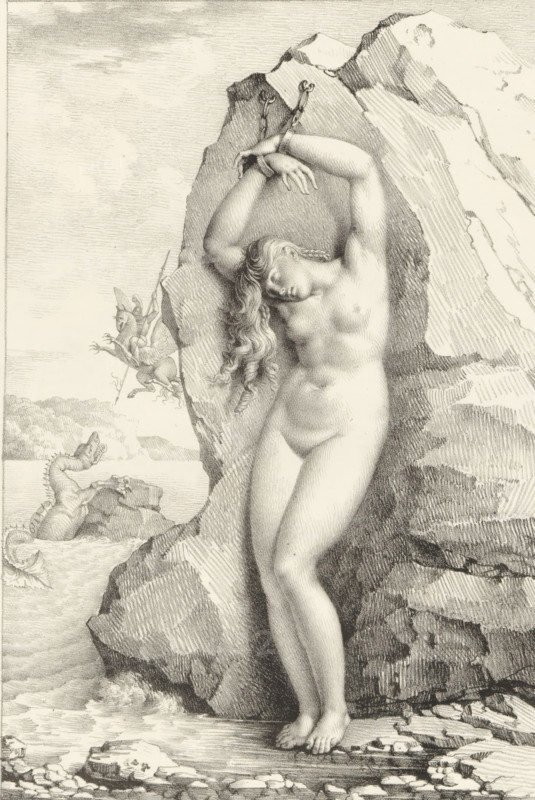 Andromeda chained to the rock, Receuil de dessins sur pierre, Series of lithographs, print, album page, Print is part of an album., 1818 - 1819, printmaker, paper, lithography, height 290 mm x width 440 mm, A monochrome drawing shows a nude woman standing against a large, jagged rock formation with her wrists bound above her head by chains attached to the rock; her head is tilted to one side, eyes closed, and long wavy hair falls over her shoulder, while her body is rendered with detailed shading and soft contours; at the rock base her bare feet rest on a rocky shoreline with small waves lapping nearby; in the background a winged figure on a horse appears in midair and a sea creature with a long neck and open mouth rises from the water near distant cliffs, all depicted with fine linework and textured hatching.