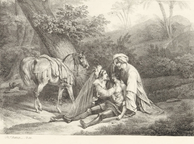 Kneeling woman and man by a wounded soldier, Receuil de dessins sur pierre, Series of lithographs, print, album page, Print is part of an album., printmaker: Horace Vernet, 1818, paper, lithography, height 299 mm x width 440 mm, battle, dying, A monochrome drawing shows a wooded landscape with trees and distant hills. In the foreground a horse stands saddled and draped with cloth, facing toward two people. A seated figure in ornate clothing and armor leans back with head tilted, appearing supported by another standing figure wearing a turban and loose garments. A woman with a veil and decorative headpiece kneels beside the seated figure, her hands touching the seated figure’s chest. The ground shows grass and a few scattered items, and the scene is rendered with fine shading and detailed textures.