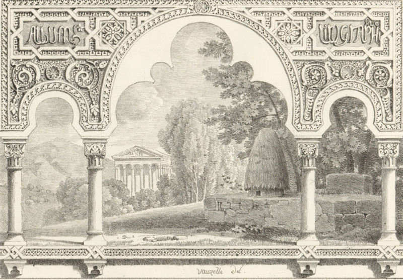 Landscape with a temple, Album litographique, Receuil de dessins sur pierre, Series of lithographs, print, album page, Print is part of an album., printmaker: Jean Lubin Vauzelle, 1818 - 1819, paper, lithography, height 300 mm x width 436 mm, city-view, and landscape with man-made constructions, temple, shrine, Roman religion, A detailed pencil drawing shows an ornate archway with decorative geometric and floral patterns along its upper border and carved capitals on slender columns, framing a landscape beyond; through the arches are trees of varied shapes and textures including tall slender trunks, a rounded weeping tree, and dense foliage, as well as a classical temple with a pediment and columns partially obscured by greenery; in the foreground inside the arch there is a low stone structure and a rounded, thatch-like form, while the ground shows grass and scattered rocks, and the entire scene is rendered in fine stippled and linear shading.