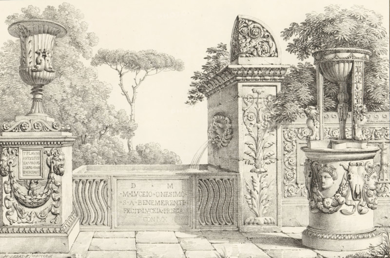 Terrace with decorated fountain, Receuil de dessins sur pierre, Series of lithographs, print, album page, Print is part of an album., printmaker: H. Lebas, 1819, paper, lithography, lithografie, height 298 mm x width 432 mm, garden fountain, A detailed black and white drawing shows ornate stone architecture and decorative urns set against trees; on the left is a tall fluted urn with sculpted dolphin figures and a carved pedestal adorned with garlands and a lion head, while in the center a rectangular basin with a carved face spouts water into a lower pool and is flanked by a carved pilaster with acanthus motifs; to the right an elaborate covered font with columns and a round basin rests on a pedestal decorated with human faces and bull heads, and a carved semicircular ornament sits atop the central wall; patterned paving stones cover the foreground and leafy trees fill the background.