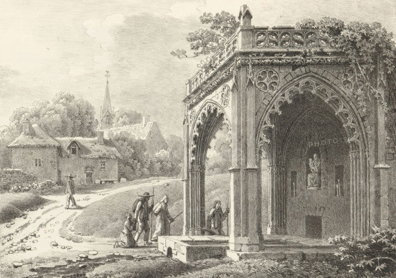 Landscape with pilgrims at a chapel, Receuil de dessins sur pierre, Series of lithographs, print, album page, Print is part of an album., printmaker: Jean Lubin Vauzelle, 1818 - 1819, paper, lithography, height 302 mm x width 437 mm, city-view, and landscape with man-made constructions, A detailed monochrome drawing shows a Gothic stone porch with ornate carved arches and columns on the right, an interior shadowed space with a statue visible inside, and foliage growing around the upper balustrade; to the left a dirt road curves past thatched cottages and trees toward a church spire in the distance, while several small human figures walk or kneel near the porch and along the road, wearing period clothing and carrying staffs or hats.