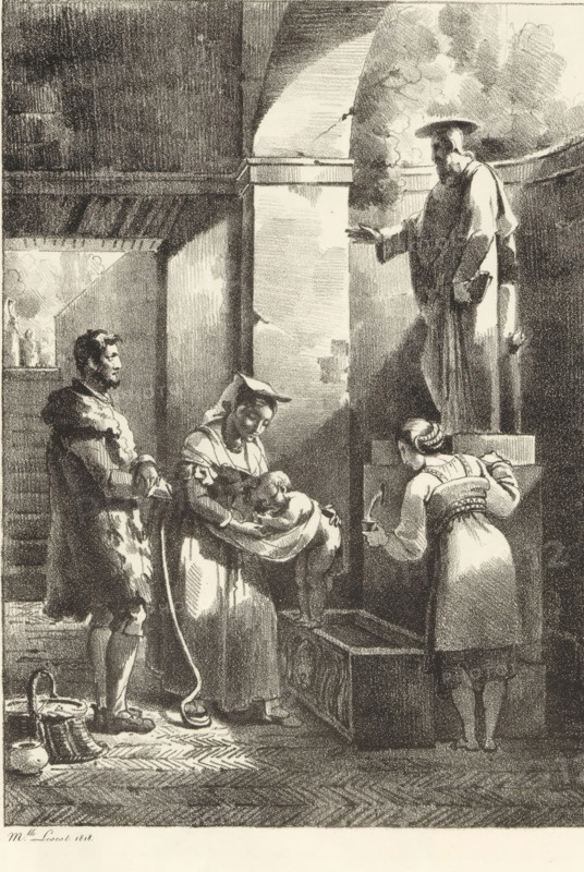 Group of figures drinking at a source with statue of saints, Receuil de dessins sur pierre, Series of lithographs, print, album page, Print is part of an album., printmaker: Antoinette Cécile Hortense Haudebourt-Lescot, 1818, paper, lithography, height 296 mm x width 437 mm, monument, statue, well, Holy Water font, pious customs, A shaded interior scene rendered in monochrome shows a high-arched stone doorway with light falling across rough walls and a tall figure standing on a step to the right, wearing a long robe and a flat hat, one arm extended outward. Below and slightly left a woman in a headscarf cradles a small child wrapped in cloth, looking down at the child, while a man in period clothing with a cloak stands nearby facing them. A young woman bent forward on the right holds a small object toward the child from the edge of a large wooden chest. In the foreground on the floor are a pair of boots and a basket with other small items. Through a distant opening on the left, faint f...