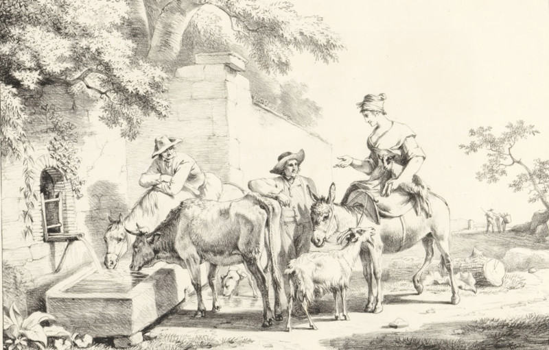 Shepherds by a spring, Series of lithographs, Receuil de dessins sur pierre, print, album page, Print is part of an album., 1818 - 1819, printmaker, paper, lithography, height 303 mm x width 443 mm, herd, flock, A pencil drawing shows a rural scene with several people and animals gathered near a stone water trough fed by a spout set in a wall. Two cattle drink from the trough while a goat stands nearby and a small sheep is visible under one cow. A man wearing a wide-brimmed hat leans forward on one of the animals, another man in a hat stands beside the group with his arm resting on an animal, and a woman wearing a headscarf and dress sits astride a donkey, extending a hand toward the others. A large leafy tree and architectural wall fill the background on the left, while a distant landscape with two small figures and another animal appears on the right. The drawing features detailed shading and fine line work throughout.