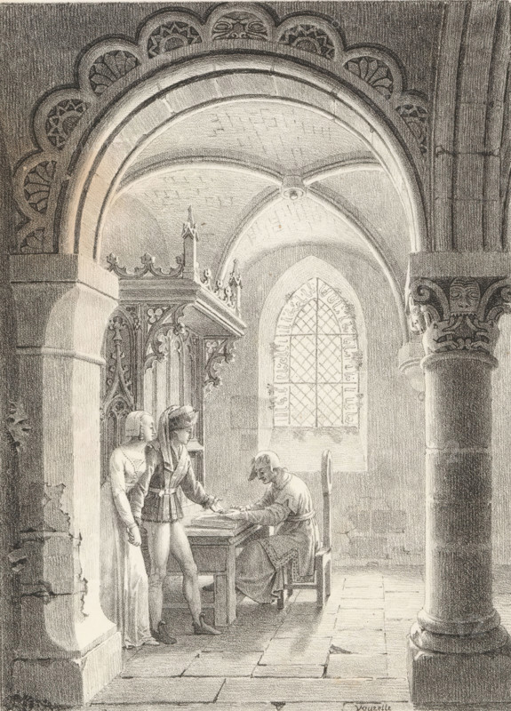 Chapel with a man and a woman for a clergyman, Receuil de dessins sur pierre, Series of lithographs, print, album page, Print is part of an album., printmaker: Jean Lubin Vauzelle, 1818 - 1819, paper, lithography, height 299 mm x width 440 mm, parts of church interior: chapel, A pencil drawing showing an interior with arched stone ceilings and carved decorative moldings, a tall arched window with a lattice pattern letting light into the space, a carved wooden canopy or screen with ornate tracery, a seated man at a table writing or signing documents while leaning over a flat surface, two standing figures nearby one wearing a long dress and veil and the other in fitted garments with a belted tunic and hose gesturing toward the table, a large round column with a carved capital featuring faces and scrollwork, stone floor tiles, and soft shading that defines depth and architectural details.