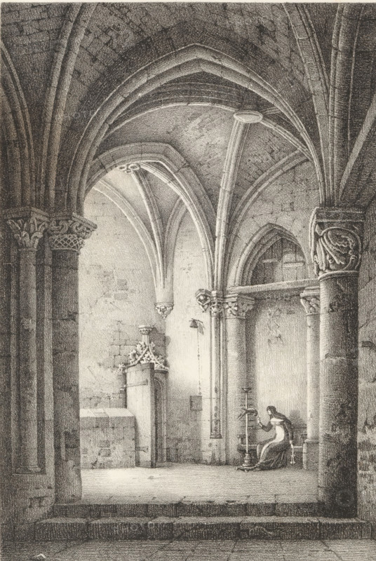 Nun with parrot in a chapel, Series of lithographs, Receuil de dessins sur pierre, print, album page, Print is part of an album., printmaker: Louis Jules Fréderic Villeneuve, 1818 - 1819, paper, lithography, height 303 mm x width 443 mm, nun(s), ornamental birds: parrot, parts of church interior: chapel, A grayscale drawing of a vaulted interior space with ribbed arches and stone columns, ornate capitals on several pillars, and a high textured ceiling. The foreground shows a stepped stone floor leading into a recessed area with tall archways and a niche. A seated figure in simple garments is positioned near a stand holding an object, appearing small against the architecture. Light and shadow emphasize the curved ribs of the vaults, carved decorative elements, and the rough stone walls. The overall scene focuses on the architectural details and the solitary person within the space.
