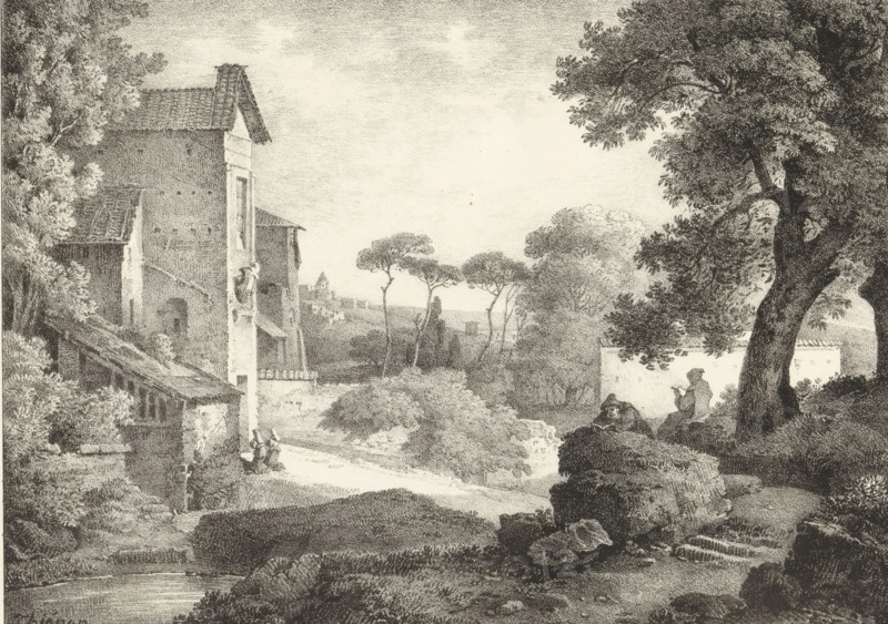 Landscape with clergymen, Series of lithographs, Receuil de dessins sur pierre, print, album page, Print is part of an album., printmaker: Claude Thiénon, 1818 - 1819, paper, lithography, height 296 mm x width 439 mm, city view, and landscape with man-made constructions, monks and nuns, A detailed monochrome landscape shows a stone building with a tiled roof on the left, surrounded by trees and foliage, with a narrow path leading past it; tall, slender trees with rounded canopies rise toward the center, and rolling vegetation and bushes fill the middle ground; on the right a large, gnarled tree with dense leaves stands above a rocky outcrop where a seated figure appears to be holding something, while further right a low wall or structure is partially visible behind the tree; the foreground includes rocks and textured ground, and the distant background fades into a light sky with subtle cloud texture.