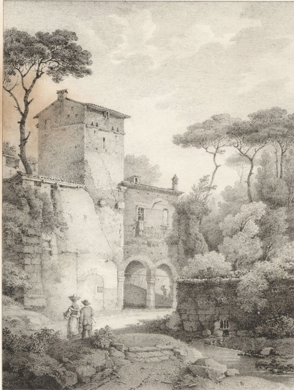 Landscape, Series of lithographs, Receuil de dessins sur pierre, print, album page, Print is part of an album., 1818 - 1819, printmaker, paper, lithography, height 301 mm x width 443 mm, city-view, and landscape with man-made constructions, A monochrome drawing shows a tall stone building with a tiled roof and a small tower-like upper section, adjacent walls with arches and columns, and a narrow arched passageway; in front of the building two small figures stand on a path, one wearing a broad hat and the other a shorter hat, both facing the building; to the left a tall tree with a spreading crown rises beside the structure, and to the right a grouping of slender-trunked trees with umbrella-like canopies stands above dense shrubs and foliage; rocky ground and low vegetation fill the foreground, and a softly textured sky occupies the upper portion of the scene.