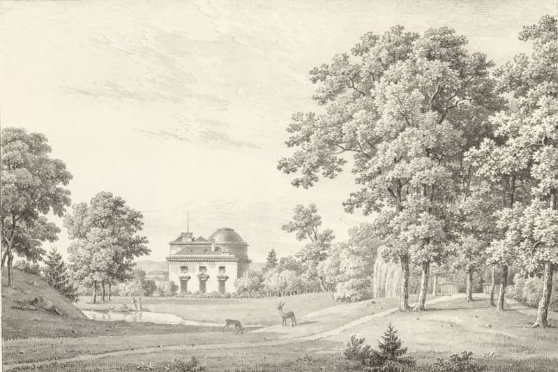 Park landscape with house, Receuil de dessins sur pierre, Series of lithographs, print, album page, Print is part of an album., printmaker: Constant Bourgeois, 1818, paper, lithography, lithografie, height 296 mm x width 440 mm, farm or solitary house in landscape, park, hoofed animals: deer, A wide landscape drawing showing a classical building with a domed roof set back among trees, a lawn and a winding path in the foreground, tall leafy trees framing the scene on the right and left, a small body of water with a boat and figures near its edge, grazing animals on the grass, and a sky with light cloud textures.