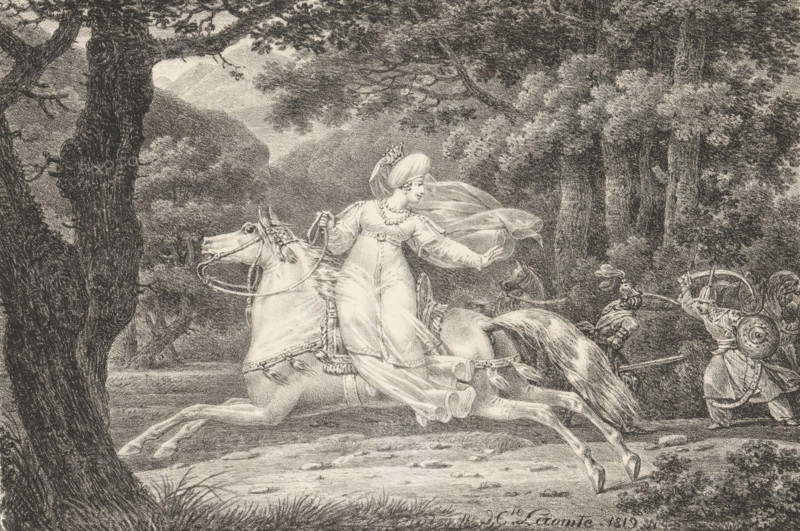 Woman on horseback, Receuil de dessins sur pierre, Series of lithographs, print, album page, Woman with a turban flees on a horse of two fighting soldiers. Print is part of an album., printmaker: Hippolyte Lecomte, 1819, paper, lithography, height 303 mm x width 446 mm, head-gear: turban, horse, A detailed monochrome drawing shows a woman wearing a flowing dress and a headscarf seated on a galloping horse, her veil and sleeves billowing behind her as she reaches out with one hand while holding the reins with the other. The horse is shown in mid-stride with its mane and tail streaming, adorned with decorative tack. A second figure in armor stands nearby holding a spear and shield, facing the horse and woman. The scene is set in a wooded landscape with large trees in the foreground and dense foliage in the background, and a distant valley visible between the trees. The ground beneath the horse shows patches of grass and textured earth.