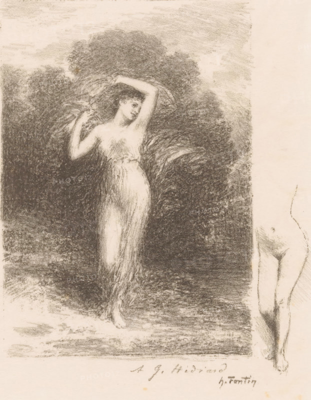 Young woman with scarf, Le jeune Malade, Illustrations pour les Poésies d'André Chénier, Poems by André Chénier, print, Series number, 2, 12, printmaker: Henri Fantin-Latour, printer (person): Auguste Clot, Paris, 1905, Henri Fantin-Latour, Auguste Clot, printmaker, printer (person), paper, chalk lithograph, proof print, height 304 mm x width 235 mm, Illustration for the poem Le Malade by André Chénier, specifically the verses: Que je la voie encore, cette vierge charming!, adolescent, young woman, maiden, veil, A monochrome sketch of a standing female figure in a flowing, translucent garment set against a dark, textured background; she holds one arm raised above her head and the other bent at the elbow, her head tilted to the side with a soft facial expression, and foliage-like strokes surround her upper body while her lower body blends into vertical, wispy shading that suggests fabric and shadow; a partial sketch of another figure appears at the right edge, showing a leg and foot, an...