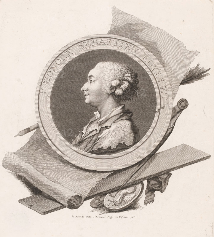 Portrait of Honoré Sébastien Roillet, print, printmaker: Antoine Louis Romanet, after drawing by de Forville, 1767, paper, etching, engraving, height 266 mm x width 226 mm, Person, Honoré Sébastien Roillet, historical persons, portrait, self-portrait of graphic artist, A detailed engraved oval portrait shows a man in profile facing left with curled hair and a ruffled collar, set against a finely hatched dark background within a decorated circular frame; behind and around the frame are draped pieces of cloth, a rolled-up scroll, a painter’s palette with a raised relief, and a long thin rod with a pointed tip, all rendered with delicate line work and cross-hatching on a light, slightly textured paper.