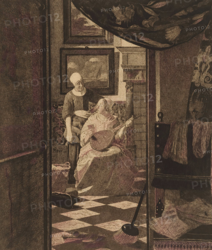 The Love Letter (original title), print, annotation, printmaker: Jan Veth, after painting by Johannes Vermeer, 1893, paper, pencil, etching, intaglio printmaking technique, etching with plate tone, worked with pink pencil, height 297 mm x width 237 mm, lute, and special forms of lute, eg: theorbo, letter, envelope, maid, house personnel, A sepia-toned interior scene framed by a doorway shows a seated woman holding a lute while another woman in a head covering stands beside her holding a plate, both positioned against a wall with framed paintings and a column; patterned fabric drapes hang above and to the right, a tiled stove or architectural element is visible behind them, a checkered floor leads forward where a broom rests near a shawl and slippers, and shelves with folded cloth and rounded knobs appear on the right.