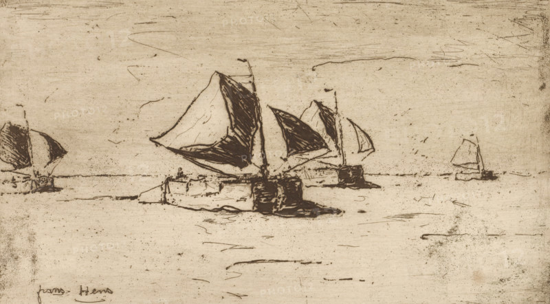 Sailing ships on the Scheldt, print, printmaker: Frans Hens, 1866 - 1928, paper, etching, intaglio printmaking technique, etching with plate tone, height 180 mm x width 285 mm, sailing-ship, sailing-boat, landscapes with waters, waterscapes, seascapes (in the temperate zone), Scheldt, A sepia-toned etching of a calm sea scene with several sailboats; a larger boat with a prominent billowing sail is centered, its darker shaded areas defining sail shape and hull, and smaller boats with triangular sails appear to the left and right on the horizon; thin horizontal lines and scattered short strokes suggest the water surface, and faint scratches and marks cover the sky and background, giving a textured, worn appearance.