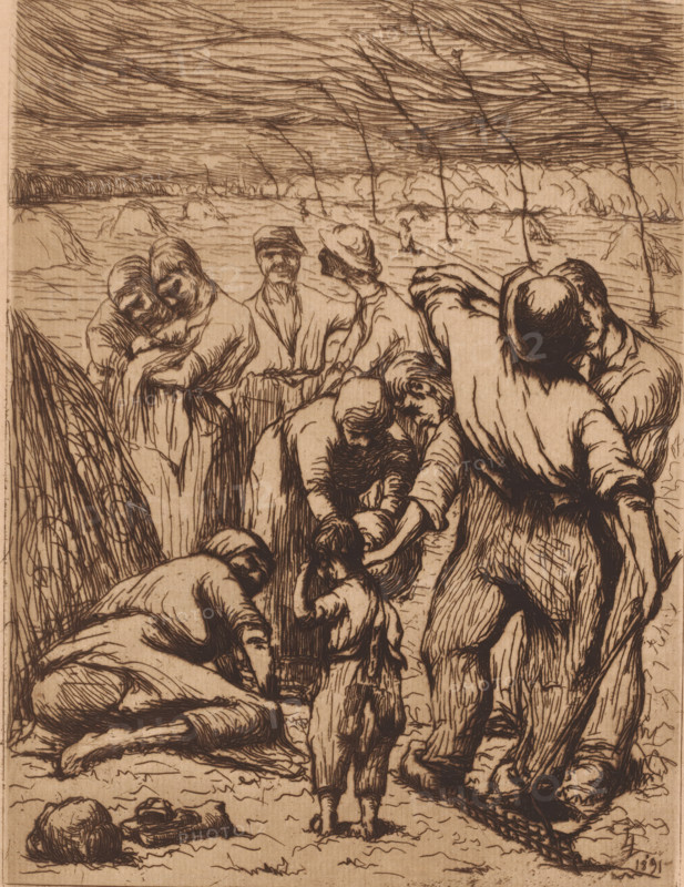 Farm laborers in a field with haystacks, print, annotation: 'Eug. Laermans, Hooien, Kunst v. Heden 1913, No. 8', printmaker: Eugène Laermans, 1891, paper, etching, drypoint, intaglio printmaking technique, height 239 mm x width 178 mm, Given the annotation possibly a later edition of this print., farmers, hay-stack, A detailed sepia-toned drawing shows a group of people clustered in a shoreline or field setting, their clothing rendered with dense crosshatching and flowing lines. Several adult figures stand and bend, some with hats, one with a bowed head, and others leaning over a small child who faces away from the viewer. One figure appears seated or reclined on the ground with legs bent, another figure embraces a child or smaller person. In the background there is a horizontal expanse suggesting water or low land with distant, low mounds and sparse, thin trees or reeds rising up and leaning. The sky above is filled with long, horizontal, textured strokes. In the foreground there are ...