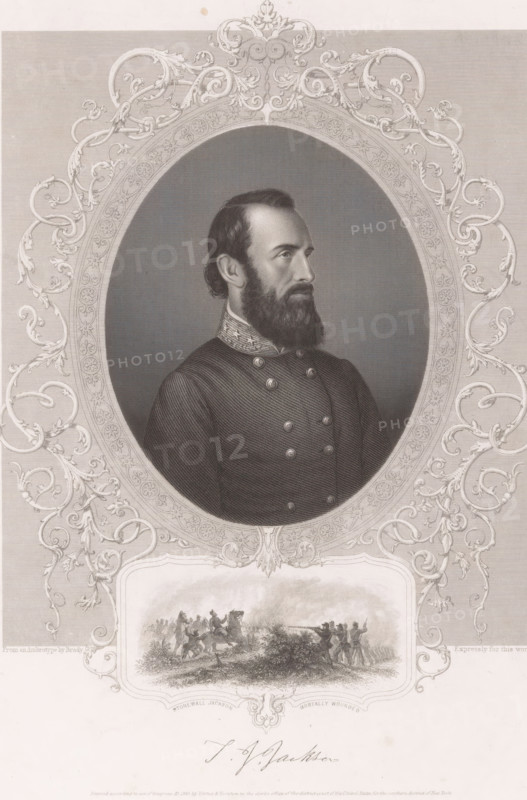 Portrait of General Stonewall Jackson, print, Portrait of General Thomas Jonathan 'Stonewall' Jackson, Oval, half-length, facing right. Below the portrait is a small scene from the 1863 battle in which Jackson is mortally wounded and his signature. After the 1863 photograph by Brady., United States of America, after photo by Mathew Benjamin Brady, publisher: Virtue & Yorston, New York (city), 1863 - 1890, Mathew Benjamin Brady, printmaker, North America, paper, steel engraving, height 280 mm x width 220 mm, Person, Thomas Jonathan 'Stonewall' Jackson, commander-in-chief, general, marshal, American Civil War, Period, 1863, A monochrome engraved portrait shows a bearded man in three-quarter profile facing right, wearing a dark double-breasted military coat with ornate collar embroidery and metal buttons; his hair is combed back and he has a full beard and mustache. The portrait sits within an oval frame surrounded by elaborate decorative scrollwork and floral motifs. Below the oval is a ...