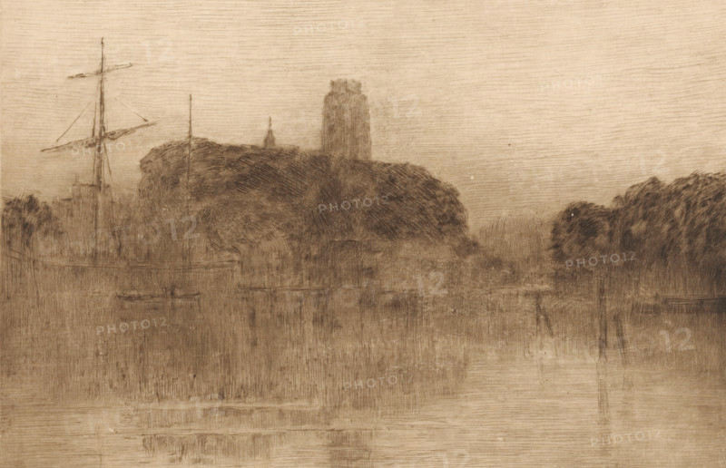 View of the Nieuwe Haven in Dordrecht at evening, print, On the left the mast of a sailing ship. In the background the tower of the Grote or Onze-Lieve-Vrouwekerk., number: '382', printmaker: Carel Nicolaas Storm van 's-Gravesande (signed by artist), Netherlands, 1889 - 1903, Carel Nicolaas Storm van 's-Gravesande, paper, drypoint, intaglio printmaking technique, height 138 mm x width 201 mm, Possibly mentioned in: Storm van 's-Gravesande, Charles. Catalogue des eaux-fortes et lithographies. New York: sn, 1903, or in an unknown later edition of the manuscript. Presumably listed as catalogue number 382., harbour, parts of church exterior and annexes: tower, evening, Dordrecht, Grote of Onze-Lieve-Vrouwekerk, A monochrome sketch showing a riverside scene with a tall ship mast and rigging on the left, a cluster of dense trees and foliage across the middle, and a large vertical tower rising behind the trees toward the center; faint reflections of the trees and some small rowboats appear in...