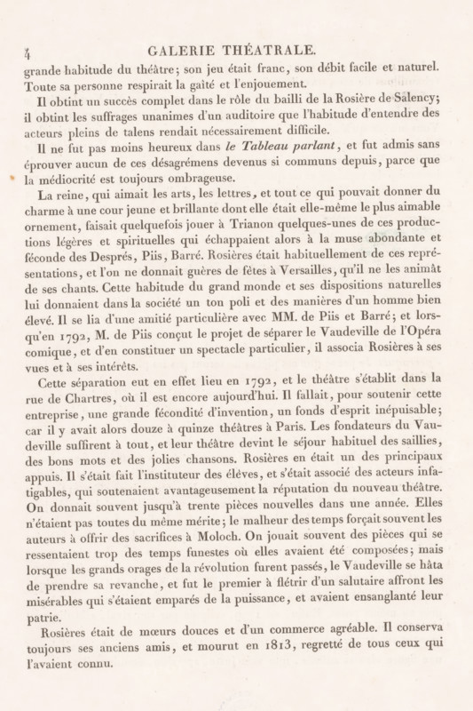Portrait of actor Rosières in the role of Bailly, Rosieres, Galerie théâtrale ou collection des portraits en pied des principaux acteurs des premiers théâtres de la capitale, Portraits of actors from the first theaters of Paris, print, Series number, 27, Consists of a print and four pages of information about the actor., : 'Submitted to the Don. de la Librairie', collector's mark: 'Circle stamped in purple surrounded by the words 'School for graphic arts in Utrecht'', printmaker: Jean Prud'hon, after drawing by Antoine Favart, printer (person): Langlois, writer (clerical worker): Sampier, 1812 - 1834, Jean Prud'hon, Antoine Favart, Langlois, Sampier, printmaker, after drawing by, printer (person), writer (clerical worker), paper, stipple work, color printing, stipple work in colors, height 274 mm x width 219 mm, Person, Rosières, historical persons, actor (on the stage), A faded page from a book showing a dense block of printed text with a centered heading near the top in larger type, ...