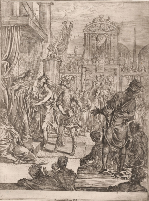 Paris makes itself known to Hector Priamus, print, printmaker: attributed to Pierre Lemaire, after design by Claude Vignon, 1622 - 1688, Attributed to, paper, etching, intaglio printmaking technique, height 276 mm x width 208 mm, Paris is brought back into the battle, Hector challenges the Greeks to a single combat (Iliad VI-VII), A detailed monochrome engraving shows a crowded scene in an ornate architectural setting with columns, drapery, and a raised platform. Figures in classical robes and armor occupy the foreground, some embracing, others gesturing or holding weapons. A crowned figure stands near the platform while a soldier with a helmet and sword leads a barefoot youth forward. In the middle distance a mounted rider waves a cloak and a procession of onlookers fills the space. Decorative statues, banners, and an elaborate arch with sculptural reliefs and draped fabric rise in the background, flanked by domed buildings and slender obelisks. The composition includes a variety of f...