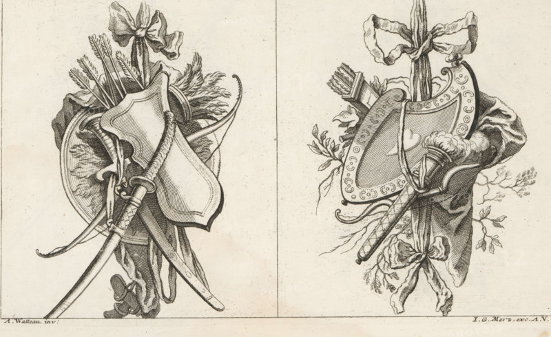 Trophies with weapons, Newly invented victories and honors symbols. Other part. Second Book of Trophies, print, album page, ornamental print, Series number, 3, 6, Two trophies with shields and weapons such as arrows, bows, sabers, a quiver, and a torch. Numbered B in the upper right. Print is part of an album with a series of six trophies., printmaker, after design by, publisher, Bavaria, Augsburg, Jean Antoine Watteau, paper, etching, height 143 mm x width 245 mm, weapons, trophy, ie: decorative arrangement of symbolic or typical objects, ornament, A detailed ink drawing divided by a vertical line into two panels, each showing a decorative arrangement of armor and weapons tied with ribbons and drapery; on the left a curved shield, a helmet with a plume, arrows fletched with feathers, a sheathed sword with an ornate hilt, and flowing fabric folds with a tied bow near the top; on the right a decorated shield with patterned edging, a quiver with arrows, a cylindrical object resembling a ...