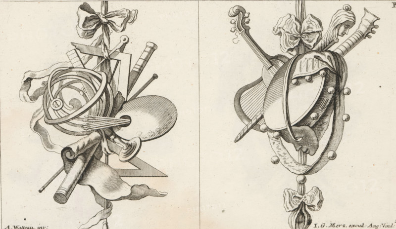 Trophies with measuring instruments and musical instruments, Newly Invented Victories and Honors Signs. Other Part. Second Book of Trophies, print, album page, ornamental print, Series number, 5, 6, Left: a trophy with an armillary sphere, a telescope, a painter's palette, and measuring instruments. Right: a trophy with a mask and musical instruments such as a guitar and a tambourine. Numbered B in the upper right. Print is part of an album with a series of six trophies., printmaker, after design by, publisher, Bavaria, Augsburg, Jean Antoine Watteau, paper, etching, height 144 mm x width 246 mm, musical instruments, group of musical instruments, trophy, ie: decorative arrangement of symbolic or typical objects, ornament, measuring-instruments, The image shows a detailed black and white engraving of two separate ornamental groupings divided by a vertical line. On the left side there is a cluster of objects including a palette with brushes, a horned circular instrument, a rolled scroll,...