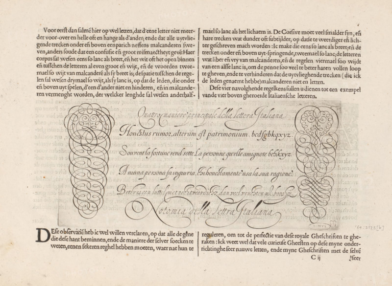 Beschrijvinghe vande Italiaensche Letter, Beschrijving van de Italiaanse letter (vervolg) en een schrijfvoorbeeld, Spieghel der schrijfkonste, print, albumblad, text sheet, Folio C2r met een vervolg van de beschrijving van de Italiaanse letteren en een schrijfvoorbeeld met vier regels tekst in vier handen, Titel: Quattro maniere principale della lettera Italiana. The sheet is part of an album., printmaker: Simon Frisius, after design by Jan van de Velde (I), publisher: Cornelis Claesz., Amsterdam, 1605, 1608, writer (clerical worker), paper, engraving, letterpress printing, engraving and text in letterpress, height 108 mm x width 235 mm, height 260 mm x width 370 mm, calligraphy, A sepia-toned page shows printed paragraphs at the top and bottom with a wide blank margin in the center containing ornate pen flourishes and decorative scrollwork mirrored on left and right; the central area features elegant looping calligraphic lines forming long vertical oval motifs and sweeping curves, wit...