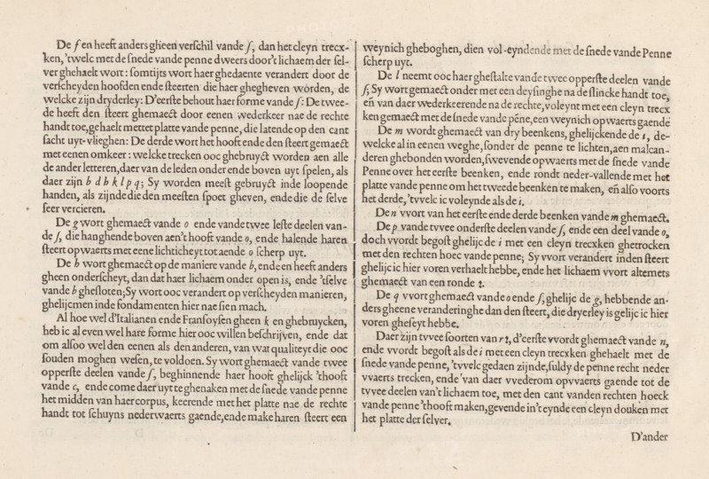 Description of writing the Italian letter (continuation), Short report and substantiation of how the Italian letters must be made individually, Mirror of the art of writing, album page, text sheet, Folio D1v with the continuation of the instruction on how the Italian letter must be written. The page is part of an album., writer (clerical worker): Jan van de Velde (I), publisher: Cornelis Claesz., Amsterdam, 1608, writer (clerical worker), paper, letterpress printing, text in letterpress, height 260 mm x width 370 mm, A close-up of a sheet of aged paper filled with dense printed text arranged in two vertical columns separated by a thin vertical rule, showing dark serif type on a creamy, slightly browned background with visible paper texture and small scattered spots; the left column appears fuller while the right column includes slightly shorter lines near the top and a small blank margin area at the bottom, and faint irregularities in ink intensity create subtle variations in letter da...