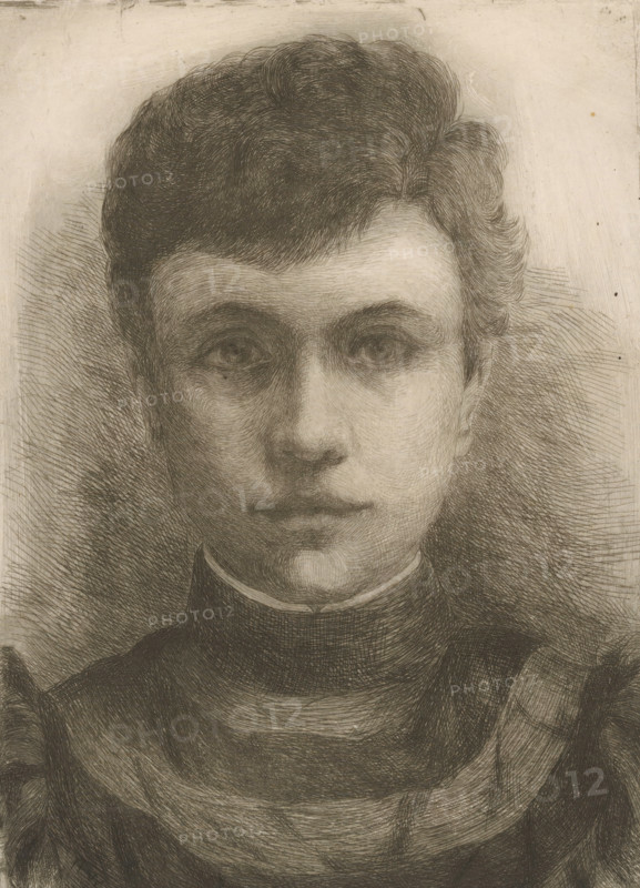 Portrait of a young unknown woman, print, Possibly a portrait of Agnita Gijswijt., printmaker: HE Wissmann (signed by artist), in or before 1964, paper, etching, intaglio printmaking technique, drypoint, height 216 mm x width 157 mm, historical persons not known by name, A close-up monochrome etching of a young person's face and upper shoulders, showing short wavy hair, wide eyes looking forward, a straight nose, and closed lips, with fine cross-hatched lines creating shading and texture across the skin, hair, and clothing, and a high collar visible at the base of the neck.