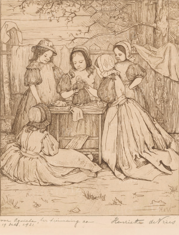 Girls playing outside with a doll, print, dedication: 'for Agnieta, in memory of, Dec 19, 1921.', printmaker: Henriëtte de Vries (signed by artist), dedicated to: Agnieta Cornelia Gijswijt (signed by artist), in or after c. 1921, paper, etching, drypoint, intaglio printmaking technique, height 304 mm x width 240 mm, girl (child between toddler and youth), (playing with) dolls, A detailed line drawing shows a group of young girls gathered around a small wooden table in an outdoor setting, wearing long dresses with puffed sleeves and bonnets or hats; one girl sits on the ground with her back to the viewer while others stand or lean around the table, two of them closely focused on a small doll held by the girl at the center; rough wooden fencing and fabric draped over the fence form the backdrop, with tree trunks and branches overhead and sparse grass and scattered leaves on the ground.