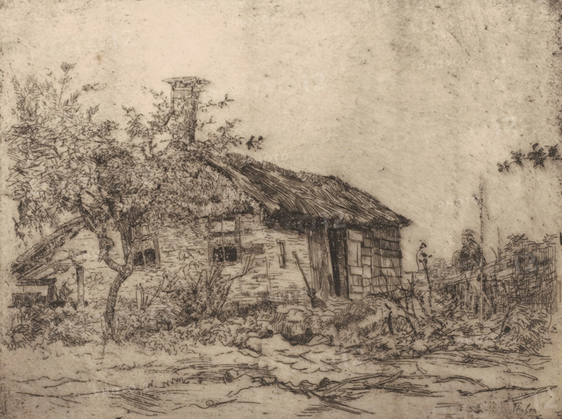 Farmhouse (Giethoorn) (original title), Farm and fruit tree in landscape, print, printmaker: Willem Bastiaan Tholen, 1886, paper, zinc etching, intaglio printmaking technique, zinc etching with plate tone, printed in black and white, height 177 mm x width 235 mm, Print appeared in 1886 as part of the first, annual, publication of the 'Portefeuille der Nederlandsche Etsclub'., farm or solitary house in landscape, Giethoorn, A sketch of a rustic scene shows a small building with a thatched roof and a chimney, partially obscured by leafy trees and vegetation, with detailed lines indicating brickwork, windows, and wooden beams; a fence and posts appear near the right side, and various plants and shrubs fill the foreground and surround the structure, while a wide expanse of lightly shaded sky occupies the upper portion of the image.