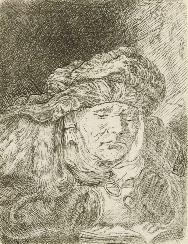 Old woman sleeping, print, album page, Print is part of an album., printmaker, after print by, Rembrandt van Rijn, paper, etching, pasted onto album page, height 65 mm x width 51 mm, Copy after the print of the same name by Rembrandt. Print possibly forms part of a series of 200 prints. This series was first published by JM Greery in 1816 under the title 'A Collection of two hundred original etchings'., sleeping, unconsciousness, A detailed pen-and-ink portrait of an older person wearing a large, wrapped headscarf and heavy outer garments, the face shown with closed eyes and a downturned mouth, marked by fine lines and wrinkles. The headscarf has multiple folds and textured shading, and long wavy hair emerges beneath it. The clothing includes a fur-like collar and layered fabric with visible stitching and crosshatching. The background is densely hatched on one side and more sparsely hatched on the other, creating contrast behind the figure. The overall image is monochrome with intricat...
