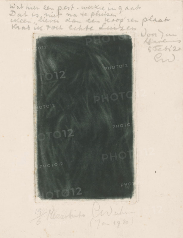 Abstract composition, print, inscription: 'For Jan Havermans Feb 5, '20 EW', inscription: 'What kind of pest-work goes into this, that cannot be fathomed, No, rather than a copper plate, I’d rather scratch real lice', printmaker: Erich Wichmann (signed by artist), dedicated to: Jan Havermans (signed by artist), 1920-01, Erich Wichmann, Jan Havermans, printmaker, paper, mezzotint, height 126 mm x width 76 mm, Abstract, Non-representational Art, A vertically oriented rectangular dark area with subtle lighter swirling marks sits centered on an off-white paper background, bordered by a faint rectangular outline; the paper shows light smudges and small spots, and there are pencil marks and scribbles around the top and bottom edges.